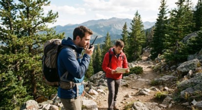 Two men hiking using a long range walkie talkie