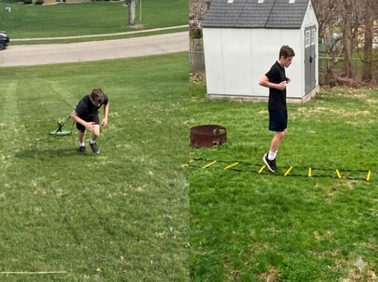 Football training equipment including sleds, ladders, and dummies on a practice field
