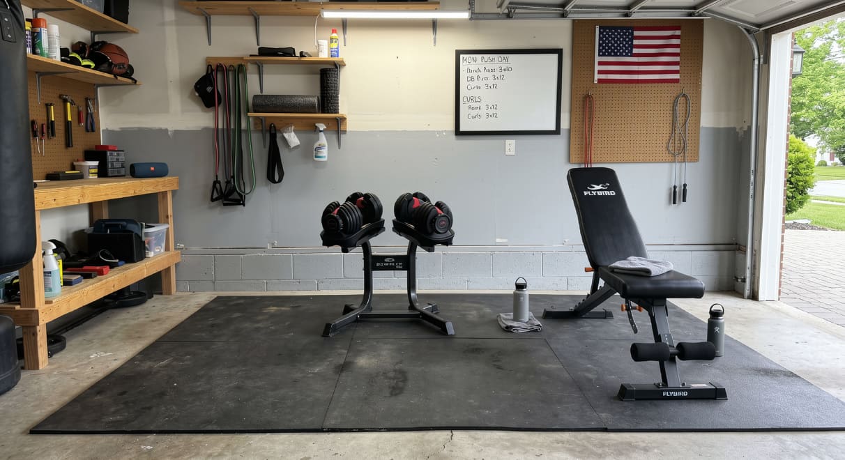 Home gym equipment including adjustable dumbbells, bench, and kettlebell