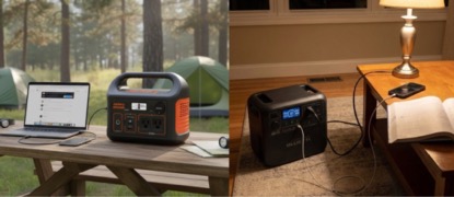 A portable power station charging a phone and computer at home and while camping 