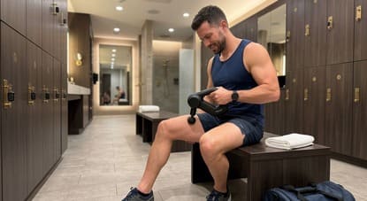 Recovery and mobility tools including massage guns, foam rollers, compression boots, and stretching gear