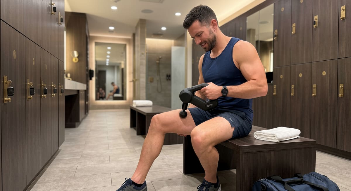 Recovery and mobility tools including massage gun, foam roller, and compression boots