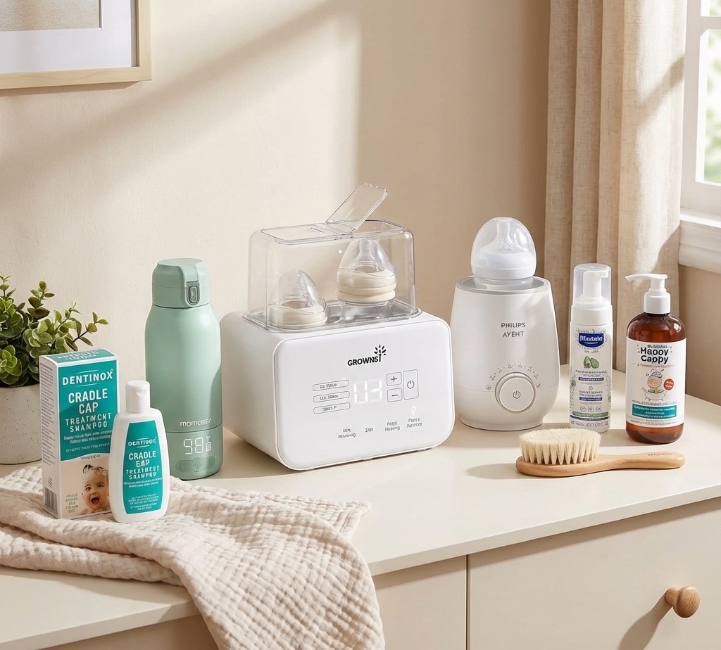 Baby essentials including bottle warmer and scalp care